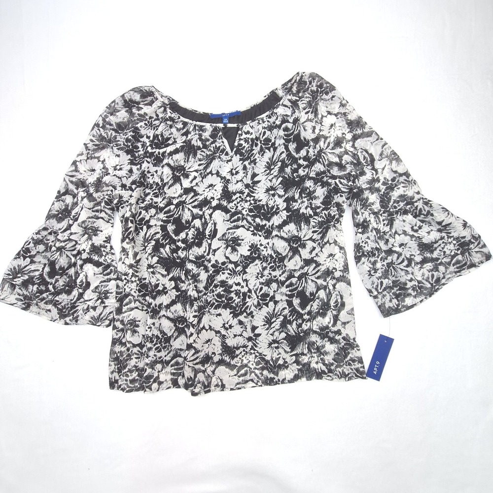 Apt 9 Blouse Womens XXL Black White Floral Bell Sleeve Chiffon Lined 0270T3P